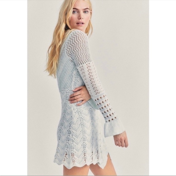 Loveshackfancy- NWT Blue and white “Kaelyn” Knit Long-sleeve Mini Dress - Picture 3 of 10